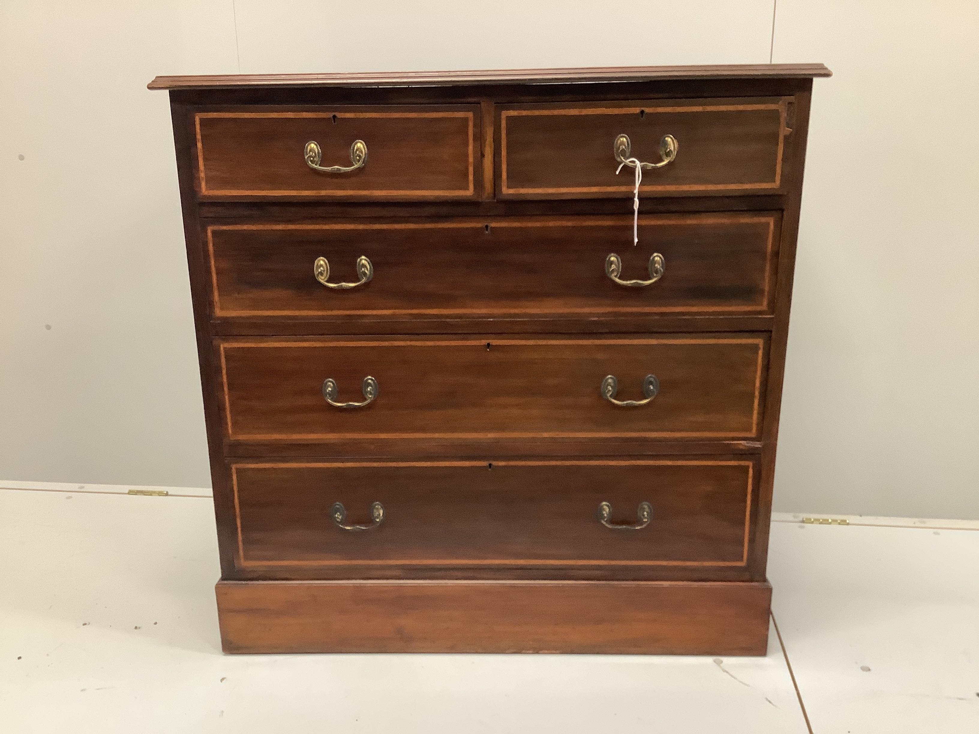 An Edwardian satinwood banded mahogany chest of five drawers, width 106cm, depth 50cm, height 107cm